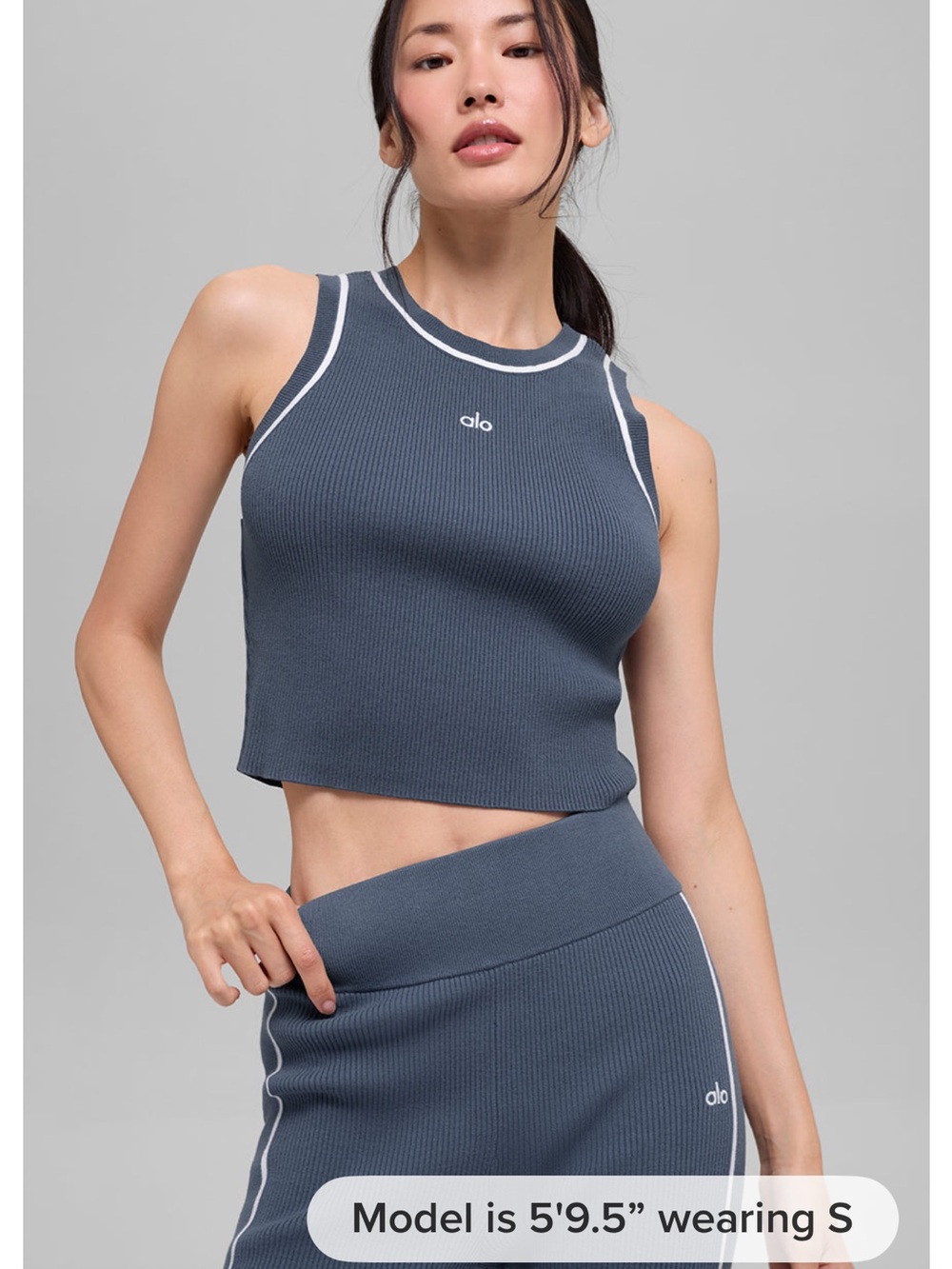 Alo Ribbed sweater knit high-Cropped Tank -BLUESTONE/ White